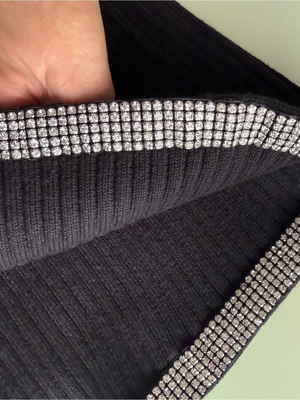 Black Ribbed Knit Top with Rhinestone Trim - Picture 9 of 10
